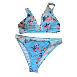 Beachsissi Women's Blue Floral Mesh Trim Bikini Swimsuit Size L